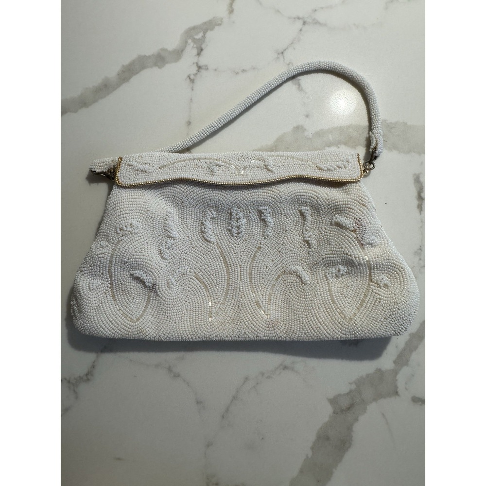Vintage Hand Beaded Ivory Handbag Magnetic Closure Japan Ren Fair Floral Bridal